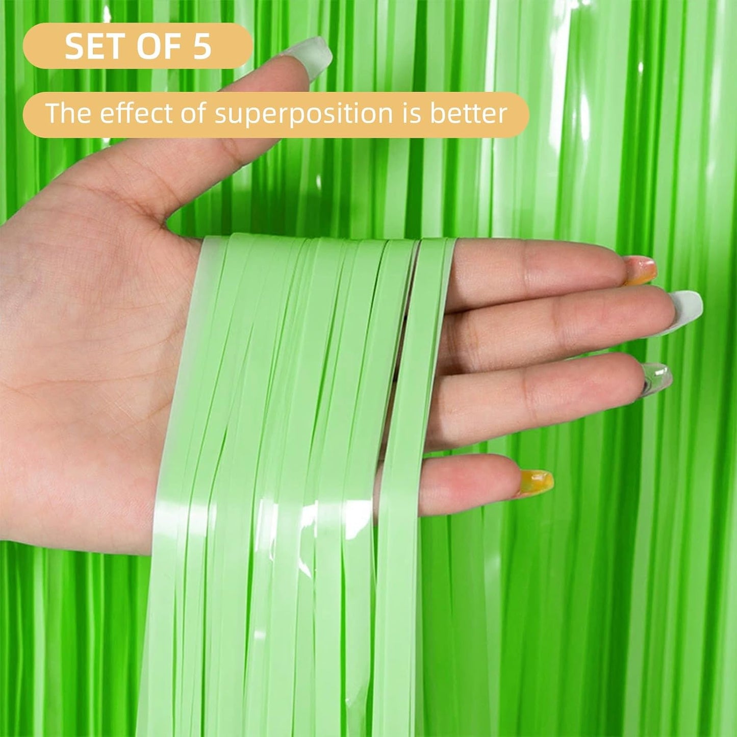 5 Pack Green Foil Curtain Backdrop 3.2ft x 8.2ft Tinsel Foil Fringe Curtains Macaron Photo Booth Streamer Backdrop for Party Decorations Birthday Baby Shower Bachelorette Holiday Decor (Pastel Green)