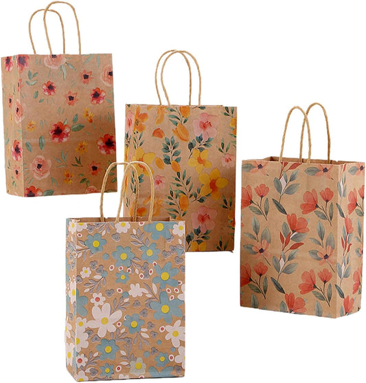 24pcs Floral Pattern Kraft Paper Bag Gift Bags with Handles for Party Favors, Mothers Day, Weddings, Birthday Celebration, Baby Shower,8.26×5.9×3.14inch