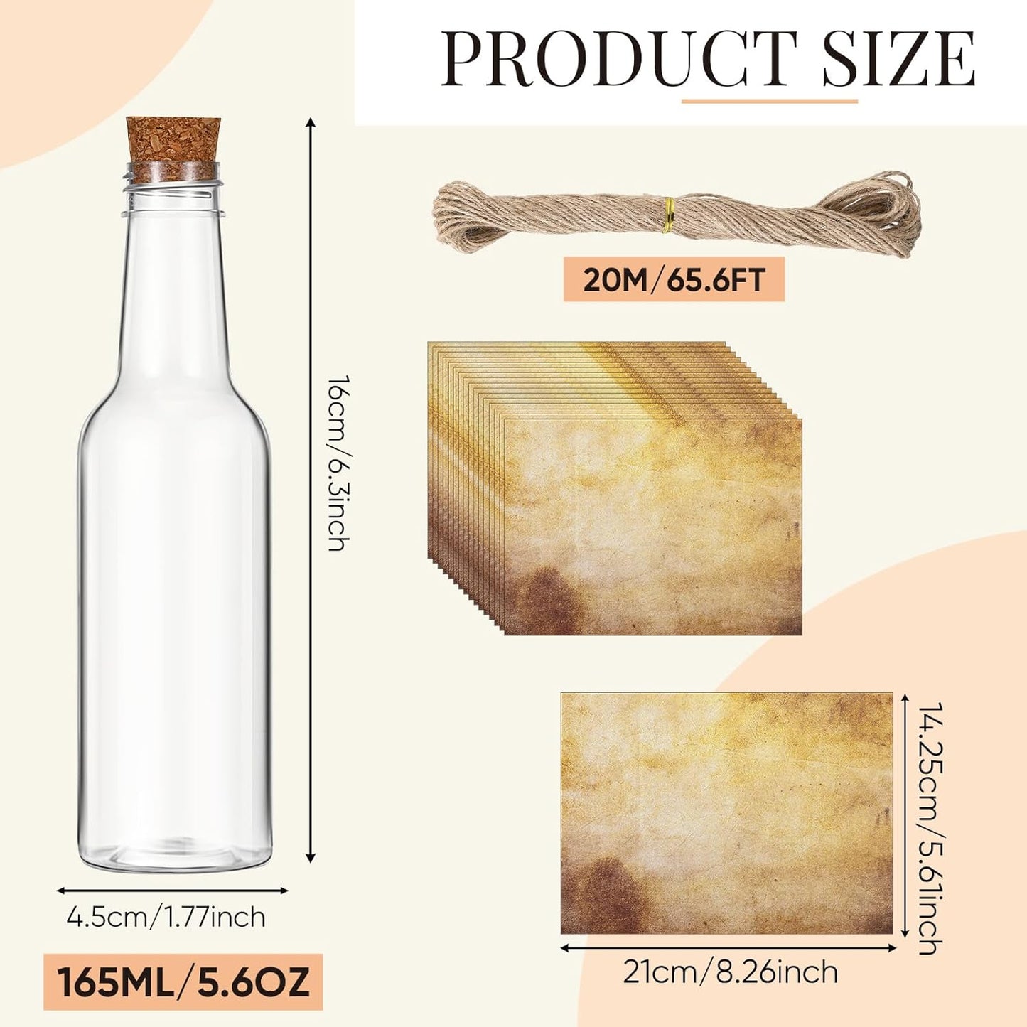 Baderke 12 Pcs 5.6 oz Message Bottles with Letter Printer Paper Plastic Bottles & Corks Twines for Message Invitations Birthday Wedding Baby Shower DIY Crafts Gift Party Favors (Vintage)