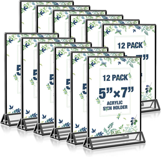 Acrylic Black Sign Holders 5x7, 12 Pack Wedding Black Table Number Holders, Double Sided Photo Display Picture Frame Paper Stand, Clear Flyer Stand Menu Holder for Wedding, Home, Party, Restaurant
