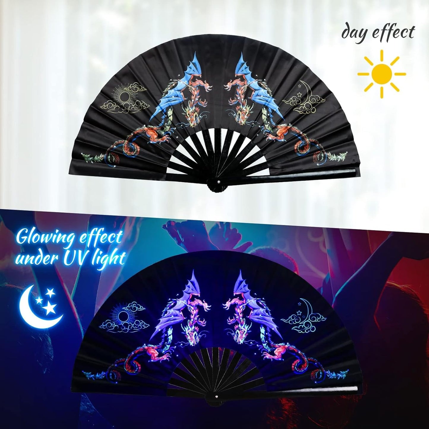 SYNTECSO Folding Hand Fan for Rave, Boots on The Ground Fan, Large Folding Fan for Drag Queen, Women and Men，Clacking Fans for Line Dancing，Parties, Music Festivals, EDM and Decoration