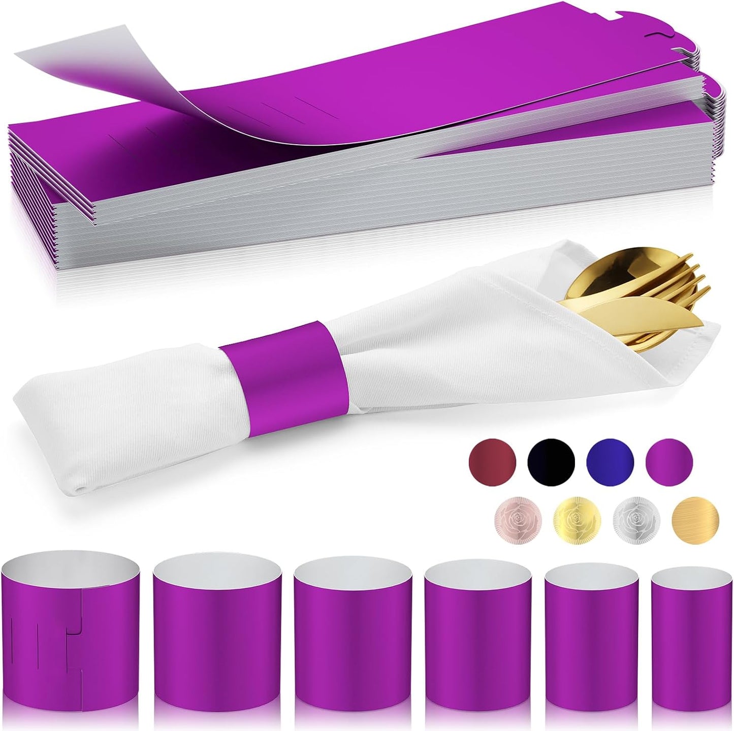 Polymer Material Reusable Napkin Band, Glue-Free Tear-Proof Water Resistant Oil-Proof Napkin Bands Set of 100(Front Purple Color and Back White), 6 Adjustable Sizes Napkin Rings