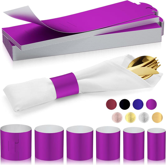 Polymer Material Reusable Napkin Band, Glue-Free Tear-Proof Water Resistant Oil-Proof Napkin Bands Set of 100(Front Purple Color and Back White), 6 Adjustable Sizes Napkin Rings