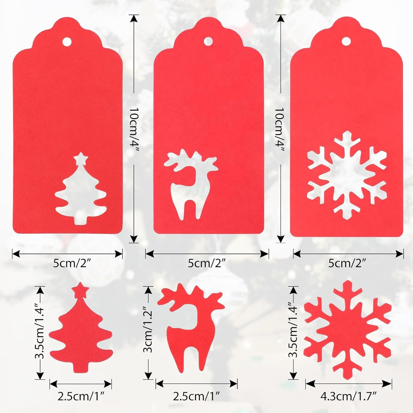 jijAcraft Christmas Gift Tags - 150Pcs Christmas Tags with String, Blank Red Paper Hollow Trees, Rudolph, Snowflake Shapes Holiday Labels for Xmas Party Favors, DIY Crafts, Jar