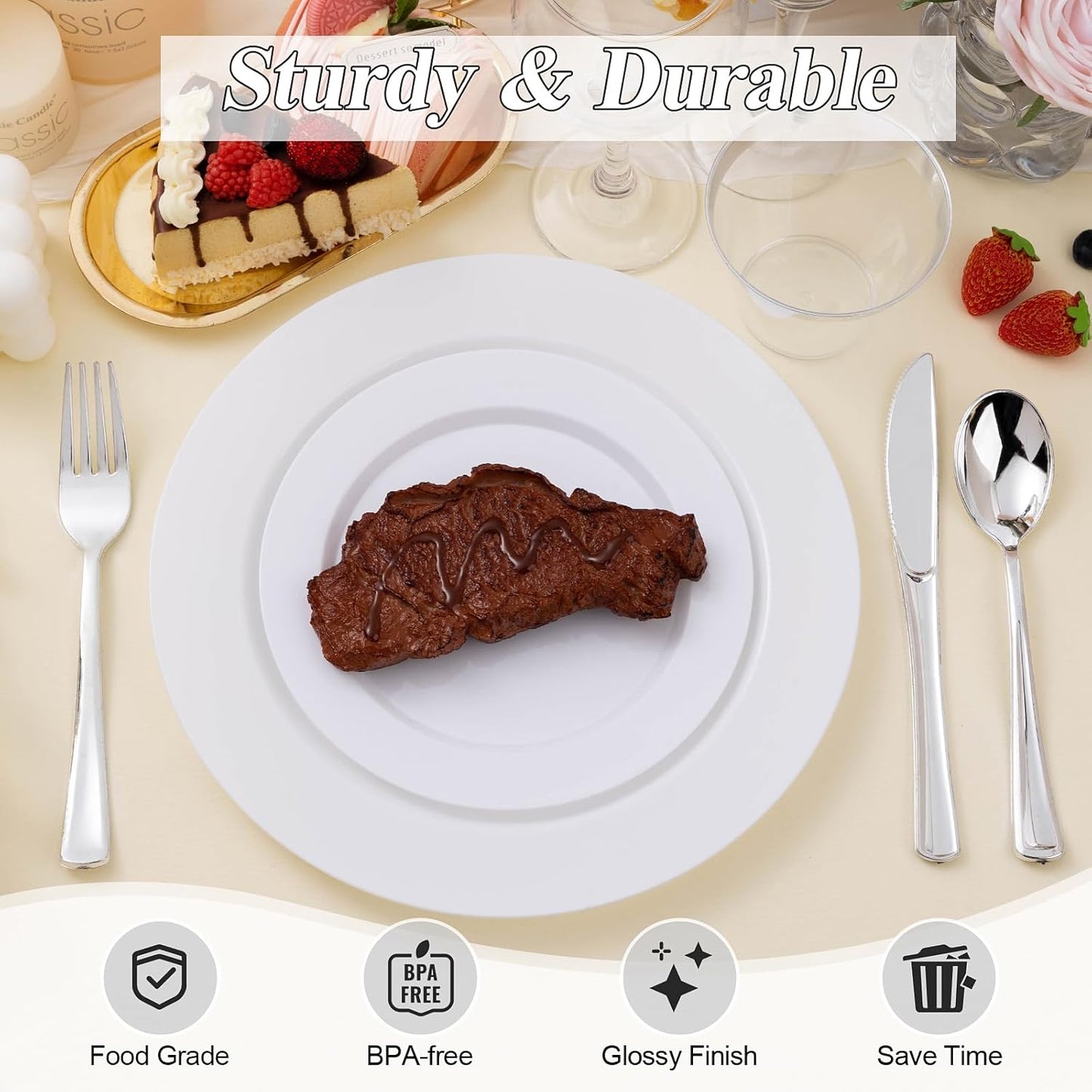 100PCS White Plastic Plates Set, 50 10.25 inch Dinner Plate and 50 7.5 inch Dessert Plates, Premium Disposable Plates for Party, Wedding