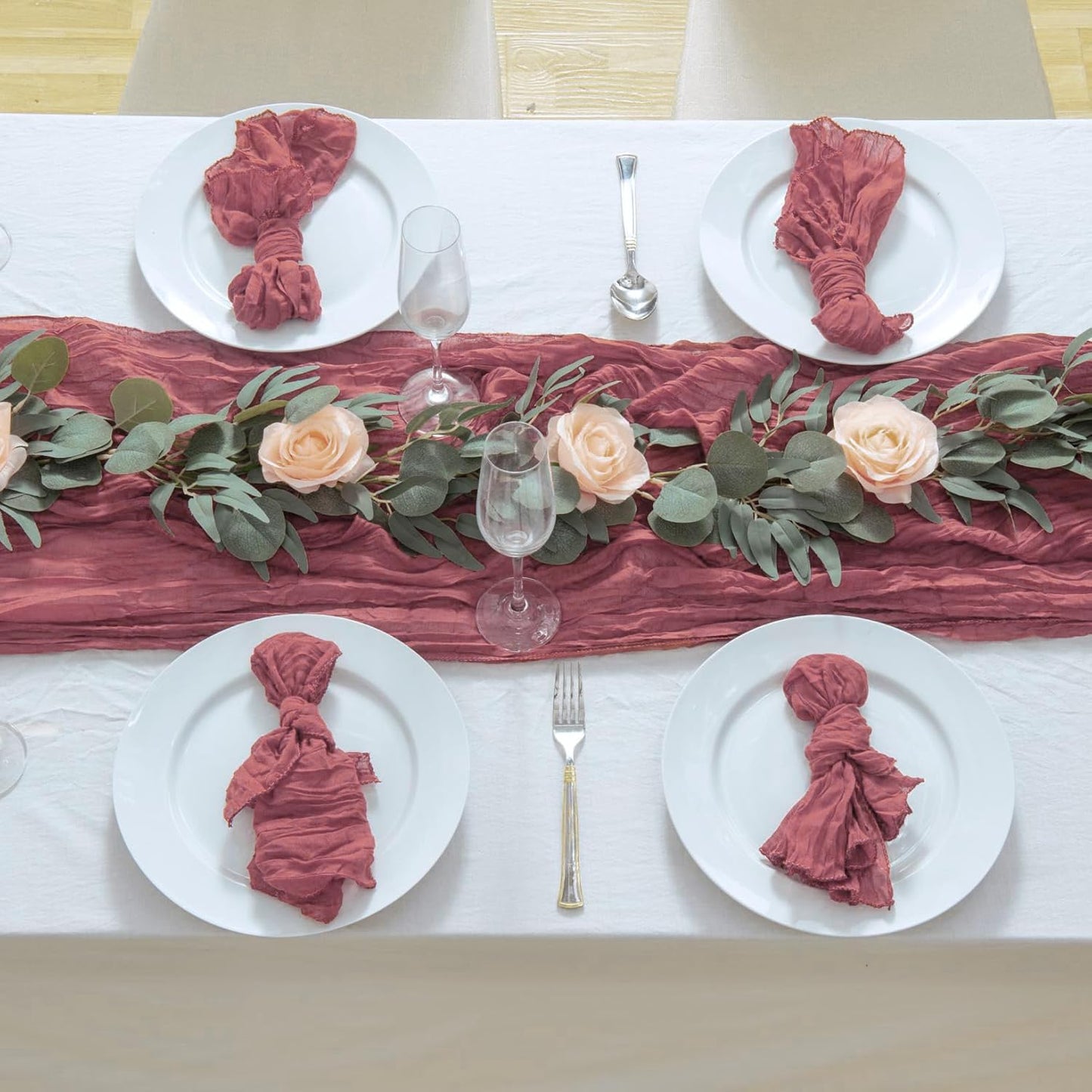 8 Pack 10Ft Table Runner 35x120 inch Dusty Rose Boho Gauze Table Cheese Cloth Long Wrinkled Sheer Table Runner for Wedding Bridal Shower Birthday Party Table Decor