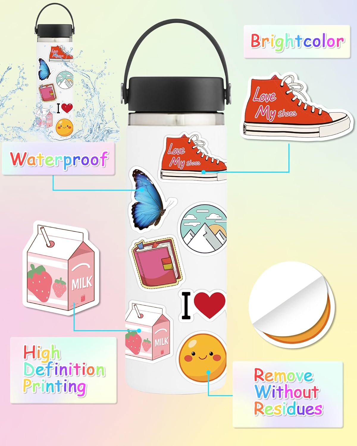 Sticker for Water Bottles, 100 Pcs/Pack Cute Vinyl Waterproof Vsco Laptop Stickers for School Students Gifts Classroom Teachers Prizes Stickers for Kids Teens Girls