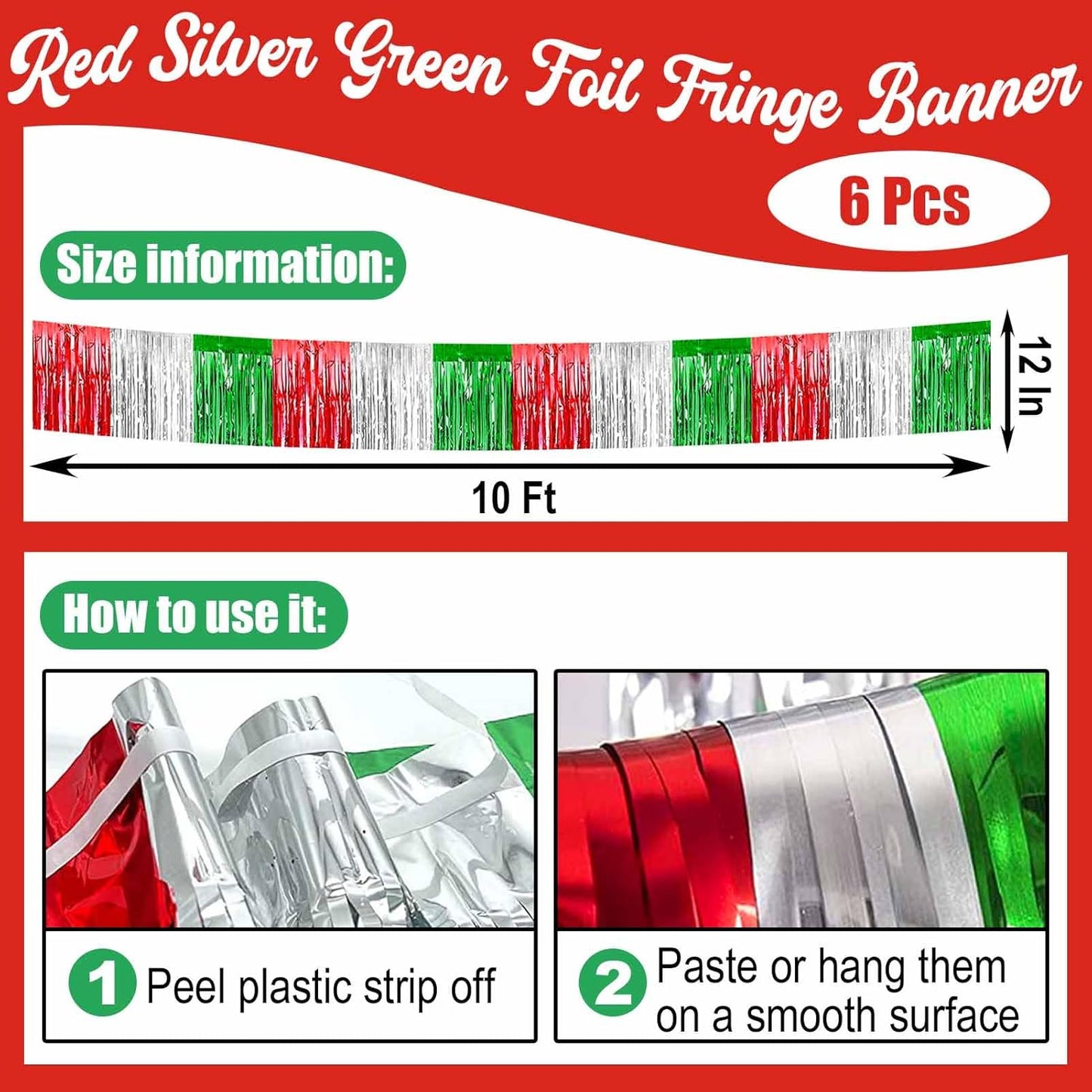 6 Pack 10 Feet Foil Fringe Garland Metallic Tinsel Streamers Banner Wall Hanging Backdrop Banner for Parade Floats, Valentine's Day, Wedding, Birthday, Mardi Gras Party Decorations Red Silver Green