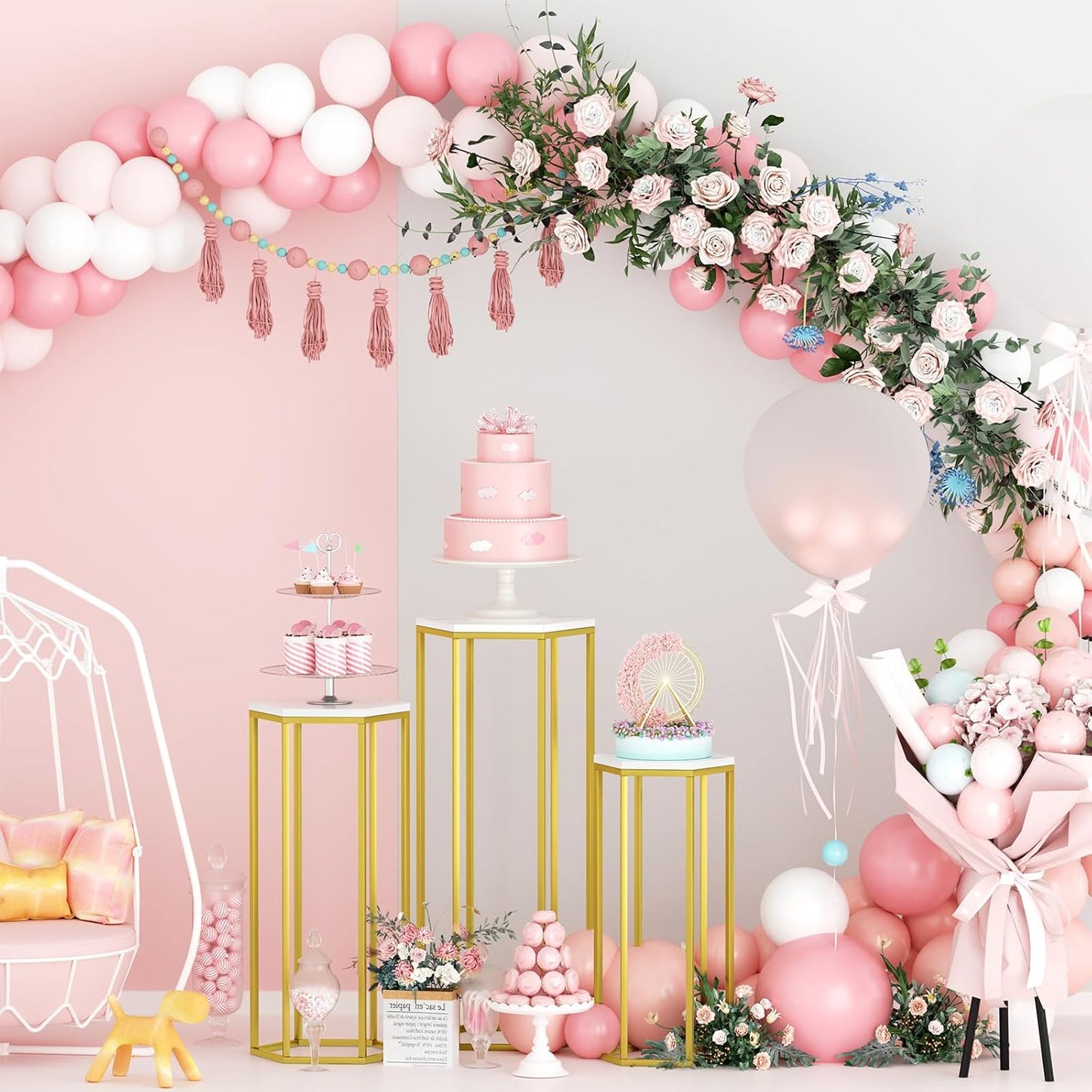 Urban Deco Cylinder Stands for Party, Set of 3 Gold Metal Hexagon Cake Pedestal Stand with Marbled Countertop, Flower Plant Pedestal Stands for Display Parties Wedding Birthday Decor, 3PCS, Gold