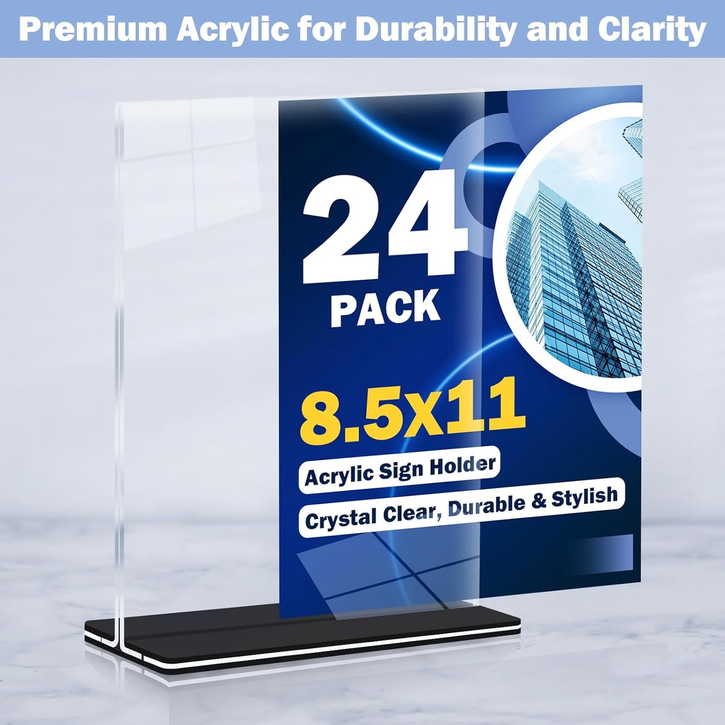 Acrylic Sign Holder 8.5 x 11, 24 Pack Clear Double-Sided Acrylic Display Stand for Vertical Tabletop Use, Perfect for Menus, Flyers, and Paper in Restaurants, Hotels, Office
