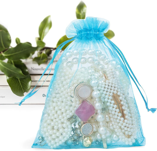 ANZNKU 100 Pack Organza Bags 4x6 Inch, Small Mesh Bag Drawstring Organza Gift Bags for Baby Shower, Party Favors(Lake Blue)