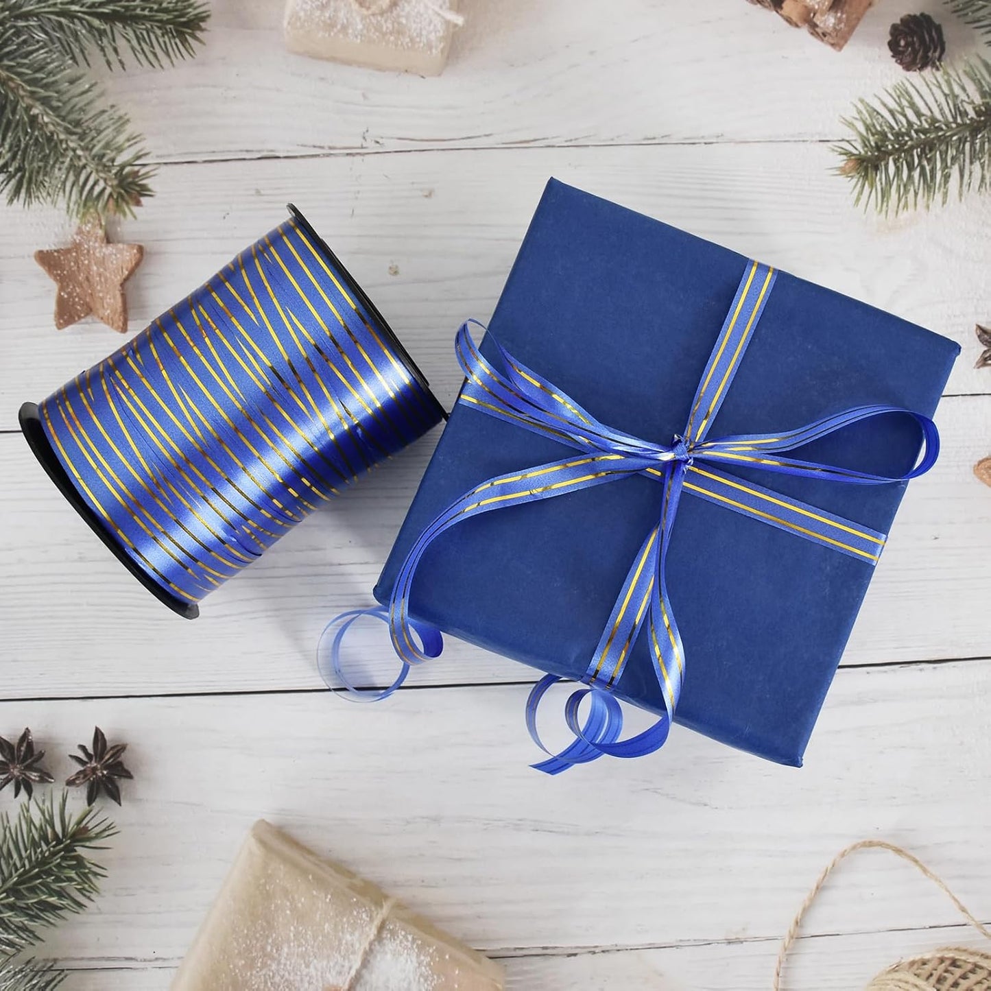 TONIFUL Curling Ribbon-Blue Gold Balloon Curling Ribbons-250 Yards Balloon String for DIY Decor,Gift Wrapping,Ribbons and Bows for Christmas New Year Birthday Gifts Graduation Supplies