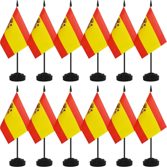 12 Pack Spain Desk Flags, Spanish Desktop Flag, Small Miniature Office Flags with 12" Black Pole and Black Base, Offices, Classroom, Home, Festival Decoration (Spain)