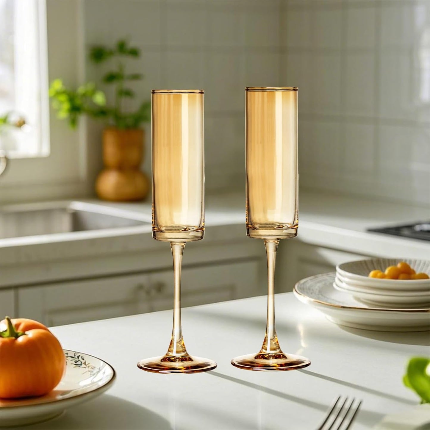 12 Pieces Amber Champagne Flutes 6 OZ Straight Sided Wine Glasses Champagne Long Stem Drinking Colored Glasses,Set of 12 Hand Blown Champagne Flutes Goblets for Wedding Cocktail Cups,Cava, Prosecco