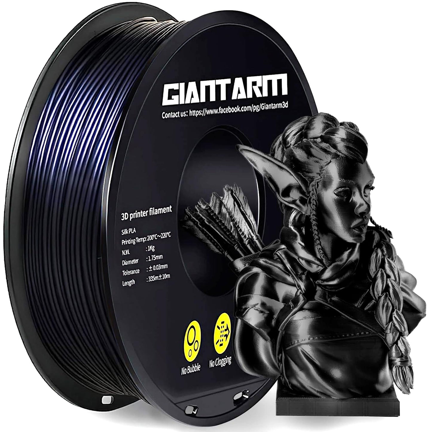 GIANTARM 3D Printer Filament, Silk Black Pla Filament, 1Kg(2.2lbs) Spool, 1.75mm Dimension Accuracy +/- 0.03mm, 3D Printing Filament
