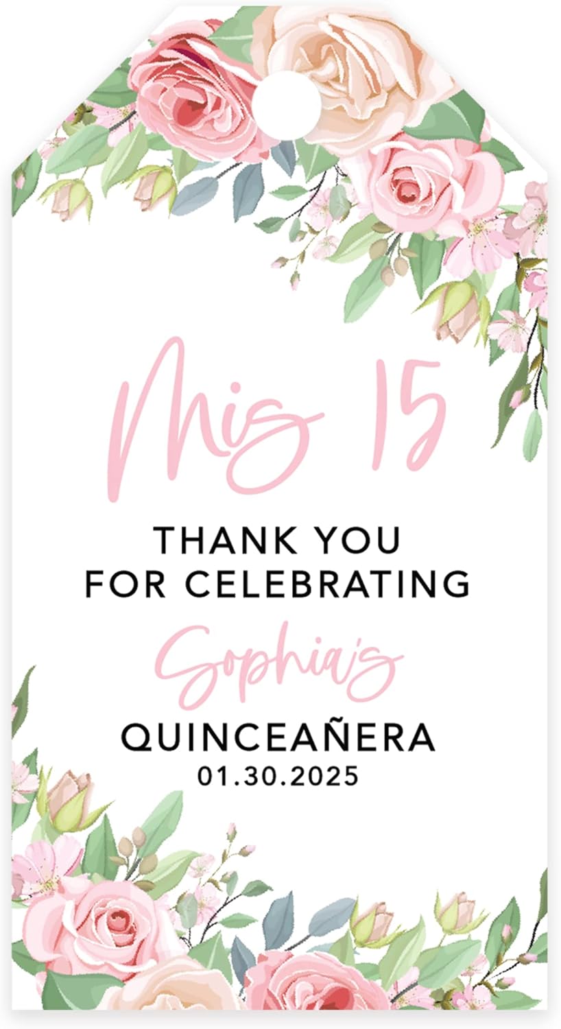 Andaz Press 40-Pack Personalized Quinceañera Favor Tags with String, Pink & Cream Roses Custom Classic Thank You Gift Tags for Mis Quince Años XV 15th Birthday Favor Gifts Quince Decorations