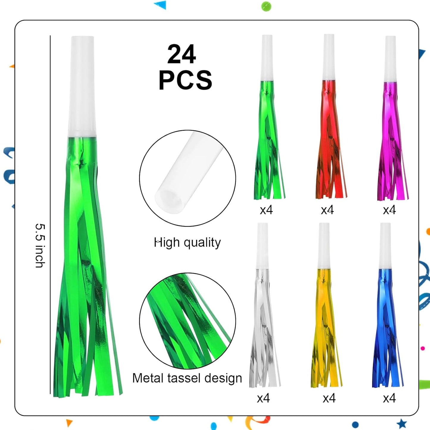 24 Pcs Party Horns, Party blowers Noise Makers, Graduation Noise Makers Glitter Metallic Fringed Birthday Blowers for Wedding Birthday Graduation Ceremony Festival (6 Colors)