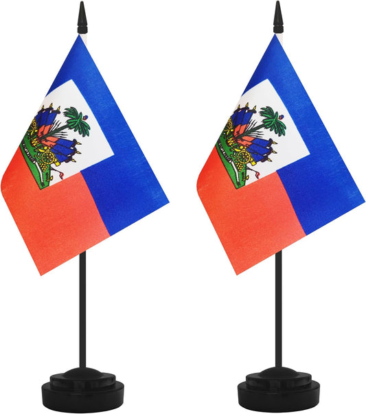 2 Pack Haiti Desk Flag Set, Haitian Desktop Small Miniature Table Office Flag with 12" Black Pole and Black Base, Offices, Classroom, Home, Festival Decoration (Haiti)