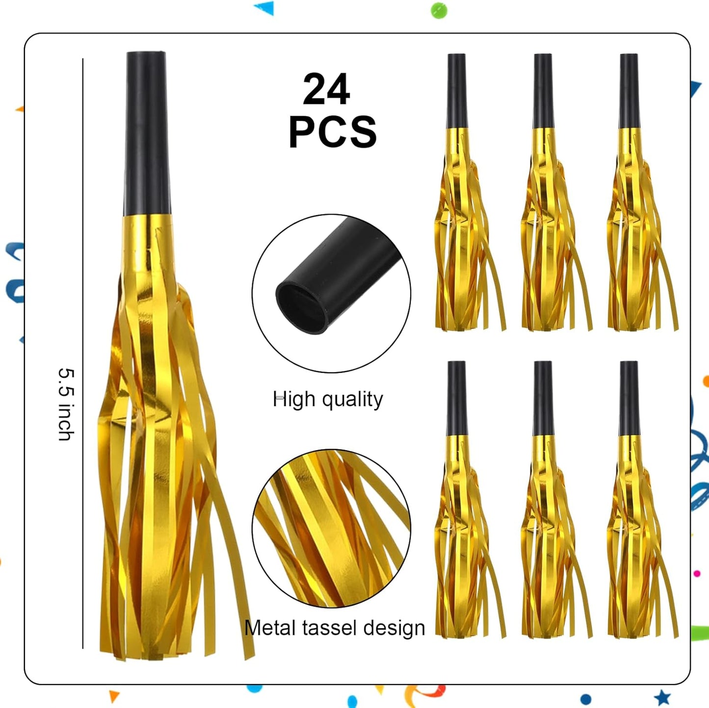 24 Pcs Party Horns, Party blowers Noise Makers, Graduation Noise Makers Glitter Metallic Fringed Birthday Blowers for Wedding Birthday Graduation Ceremony Festival (Gold)