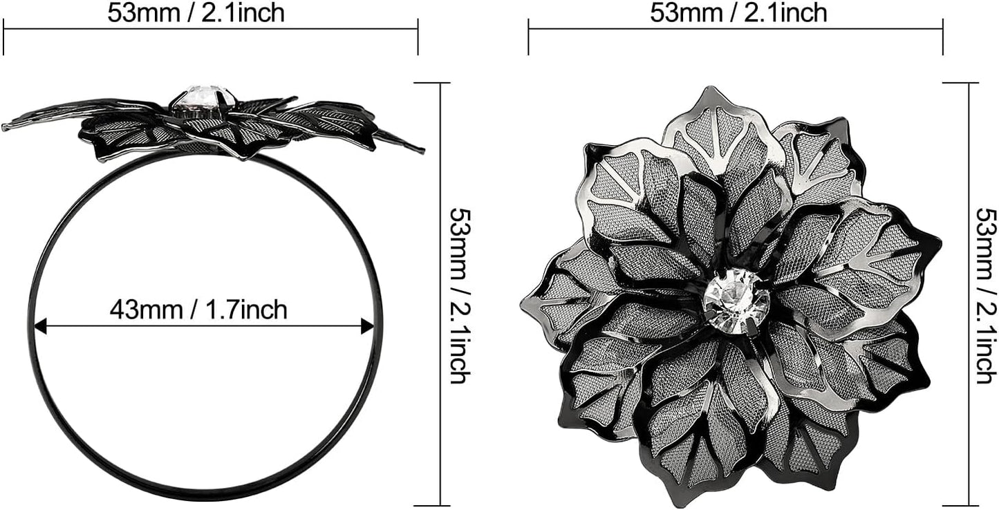 KPOSIYA Flower Napkin Rings Holder Metal Black Napkin Rings Set of 6 for Wedding Party Holiday Banquet Christmas Dinner Delicate Serviette Buckles Decor Favor (6, Black)