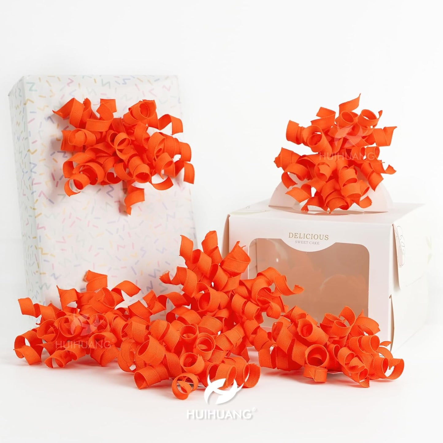 HUIHUANG Curly Ribbon Bows for Gift Wrapping, Orange Gift Bows Self Adhesive Burst Gift Bows for Present Box, Wine Bottle, Treat Bags, Wrap Accessories, Bridal Shower Wedding Party Favor - 6 Counts