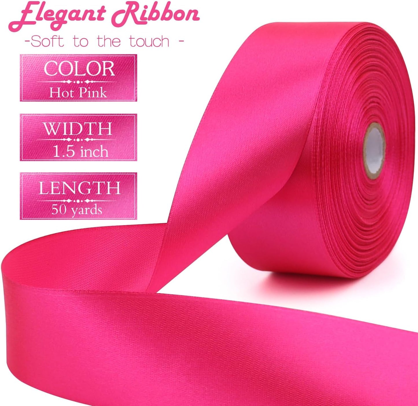 Hot Pink Solid Satin Ribbon 1-1/2 Inch 50 Yards Solid Polyester Fabric Ribbon for Gift Wrapping Wedding Christmas Baby Shower Birthday Party Decoration Handmade Immortal Flower Craft