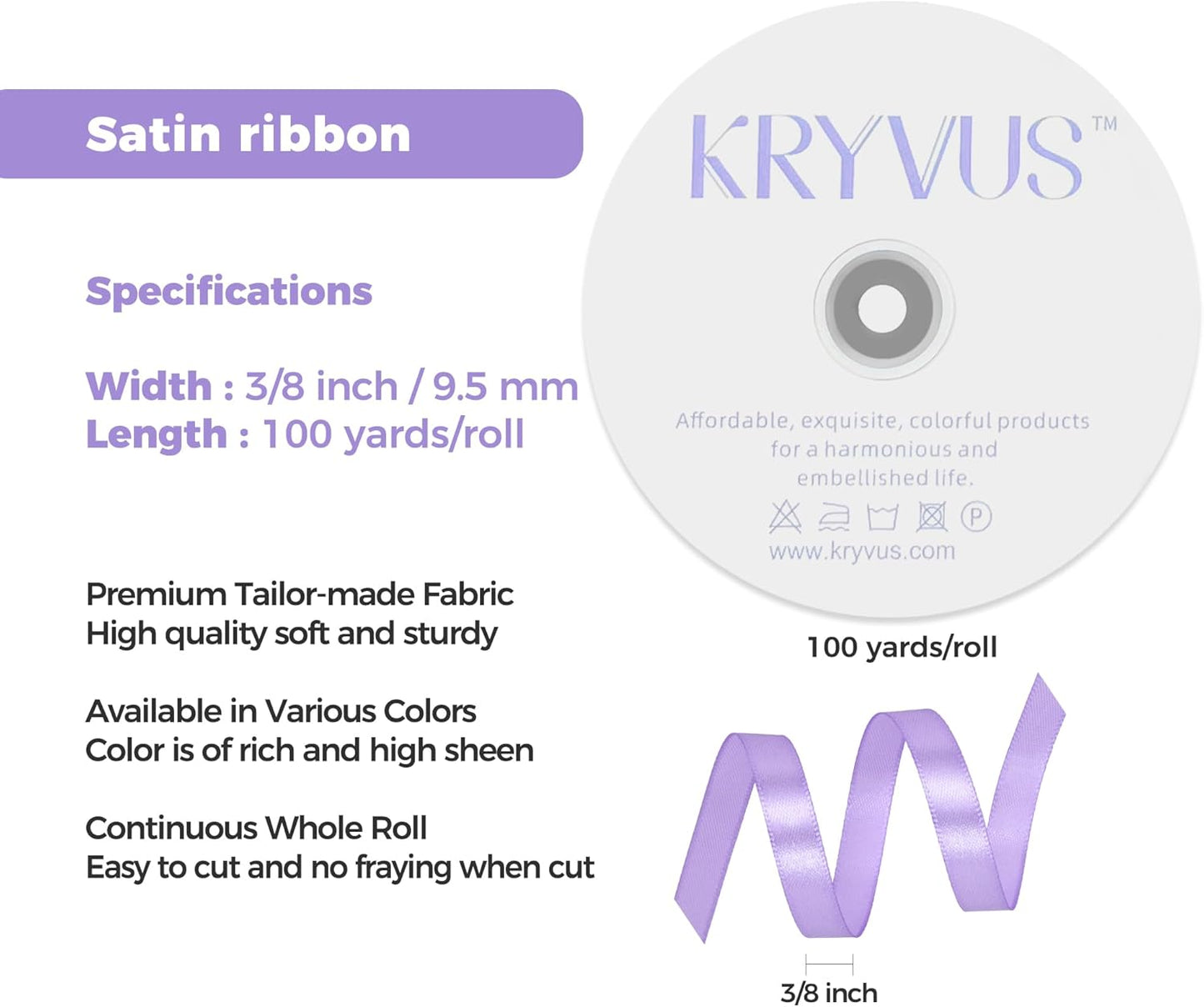 Light Purple Satin Ribbon 3/8 inch X Continuous 100 Yards, Single Face Polyester Ribbon Perfect for Gift Wrapping, Flower Bouquet, Wedding Decor, Crafts, Bow Making, Sewing and More