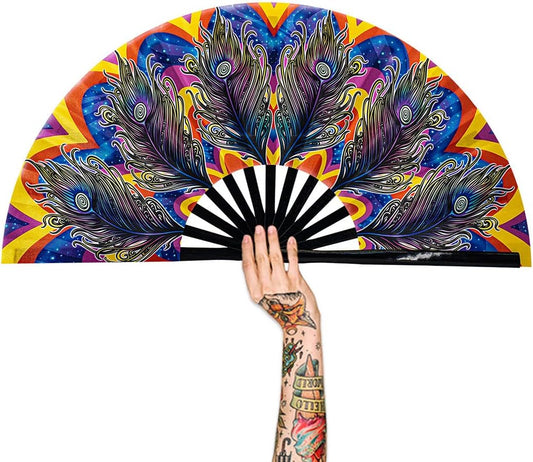 13" Large Rave Fan Bamboo, Folding Clack Hand Fans Foldable for Men Women, Boots on the Ground Poping Fan for EDM Festival Line Dance Decoration, (Peacock, Large 13")