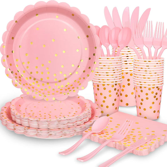 175 Pink Rose Gold Plates Napkins Party Decorations, Pink and Gold Disposable Party Supplies, Plastic Forks Knives Spoons Rose, Golden Dot Paper 9 Inch for Baby Shower Birthday, Severs 25