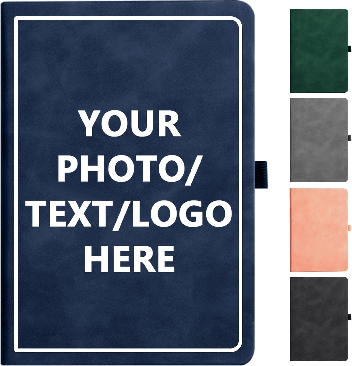 Custom Notebook Personalized Journal Notebook PU Leather A5 Can Customized with Logo/Text/Image- 192 Lined Pages 8.3 x 5.9 Inch, Pen Loop, Elastic Band, Blue Hardcover