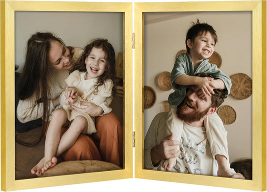 decorUhome Double 8x10 Picture Frame Vertical, Engineered Wood Bifold Photo Frame with Plexiglass for Tabletop Display, 8x10, Gold