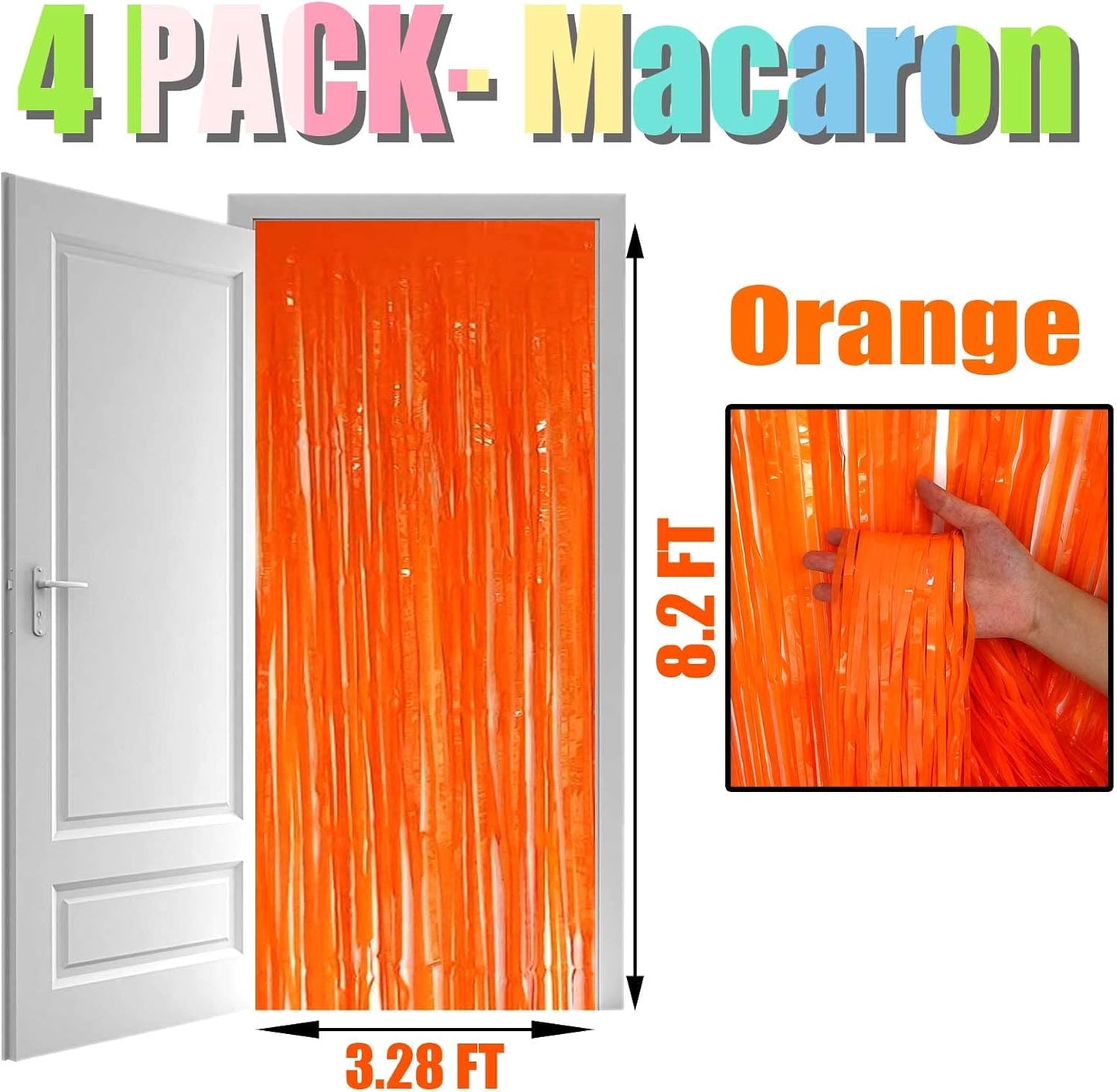 4 Pack Macaron Orange 8.2Ft Tinsel Foil Fringe Curtain Backdrop, 3.28Ft Metallic Streamers for Photo Booth Props Bachelorette Birthday Halloween Christmas Party Decoration