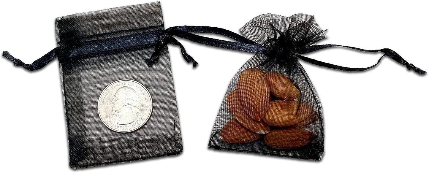 TheDisplayGuys 100-Pack XS 2x2 3/4" Black Sheer Organza Gift & Goodie Bags with Drawstring for Jewelry, Candy, Treat & Wedding Favors