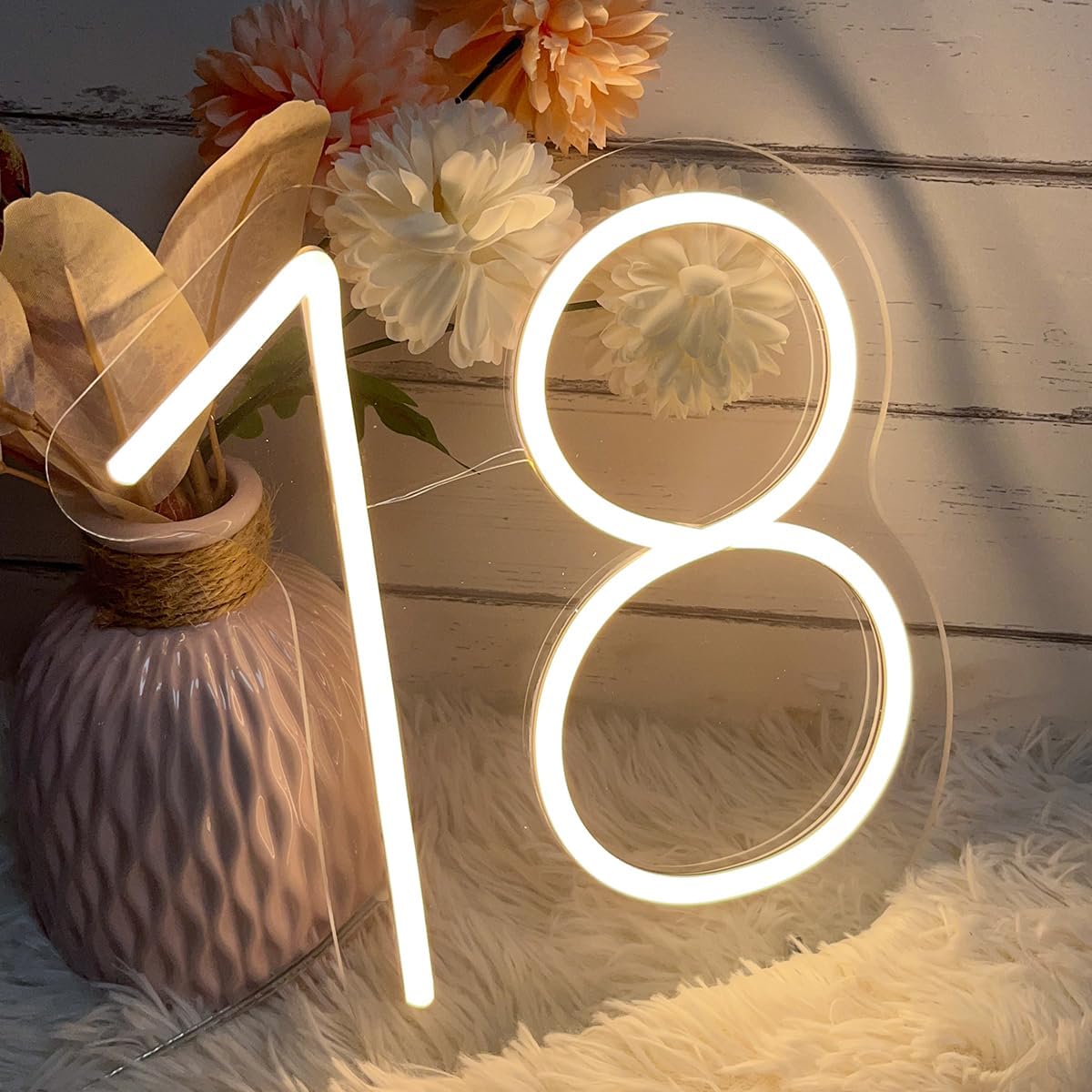 18 Year Old Neon Sign for First Birthday Party Neon Sign Custom Light Up Sign Indoor Bedroom Home Decor LED Neon Signs Large Backdrop Flex Christmas Living Room Girls Boys Gift,Warm White 25×24.8 CM