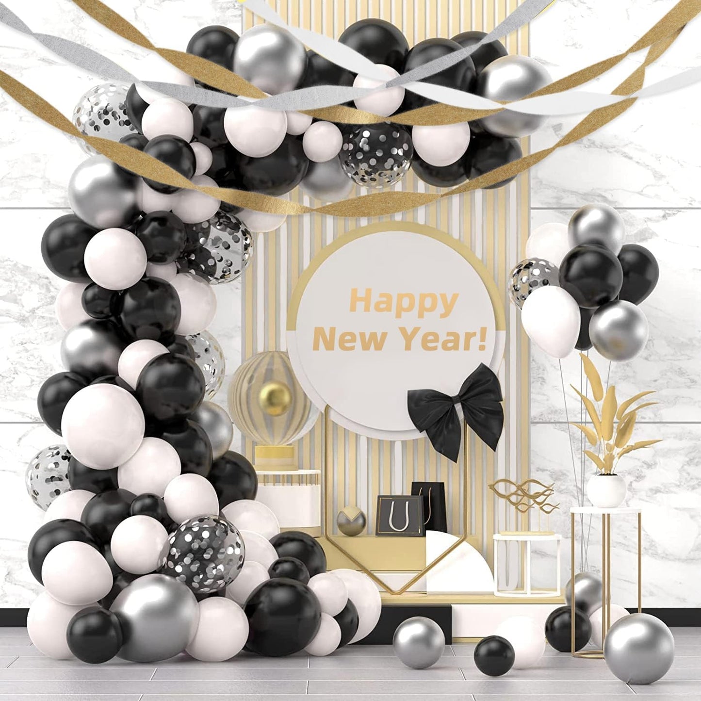 Crepe Paper Streamers 8 Rolls 656ft, Pack of Silver, Black, White and Gold Party Streamers for Christmas Birthday Wedding Baby Shower Backdrop New Years Eve Decorations (1.8Inch x 82Ft/Roll)