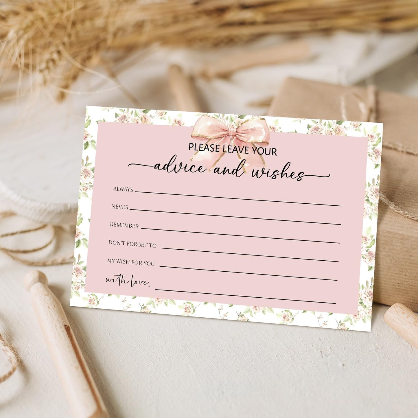 Pink Bow Advice and Wishes Card, Flower Advice Cards for The Bride and Groom, Bridal Shower,Wedding or Baby Shower, Birthday, Graduation, Retirement, Guestbook - 25 Cards -11