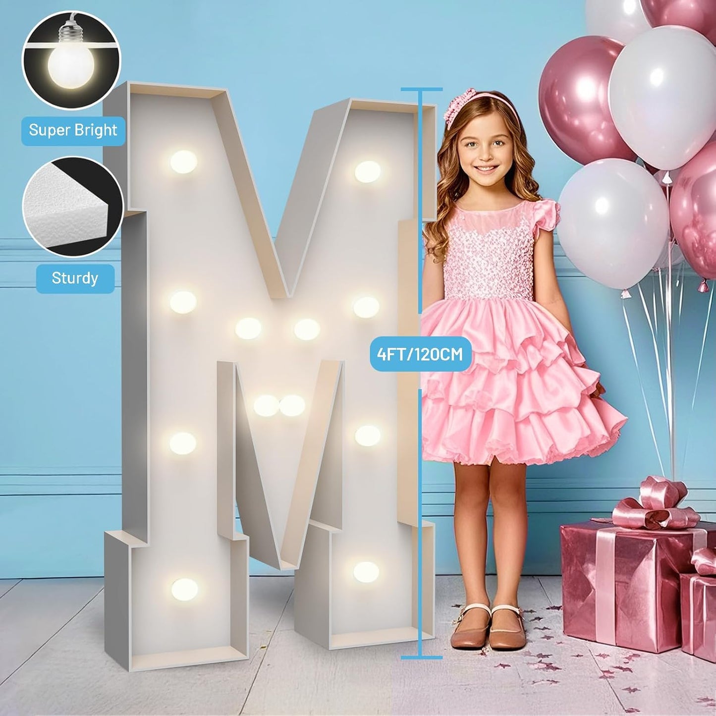 4FT Marquee Light Up Letters M,Party Decoration Large Marquee Light Up Letters with Weighted Water Bag,Pre-cut Foam Board Set Can Be Used for Birthdays,Weddings,Baby Anniversaries