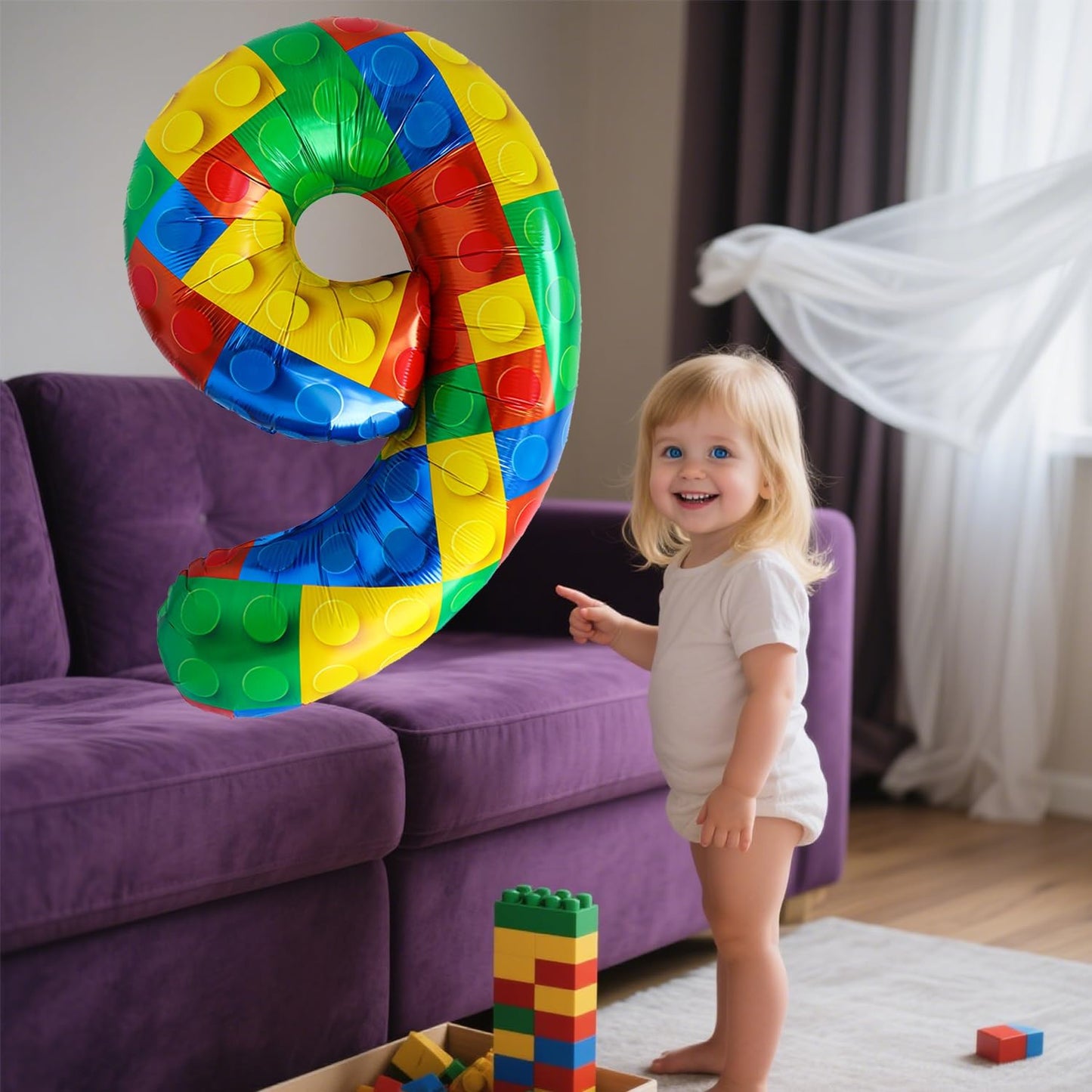 32 Inch Stackable Block Number Balloon – Colorful Brick Building Themed Big Helium Digits for Kids Birthday Party Decorations (Building Block, Number 9)