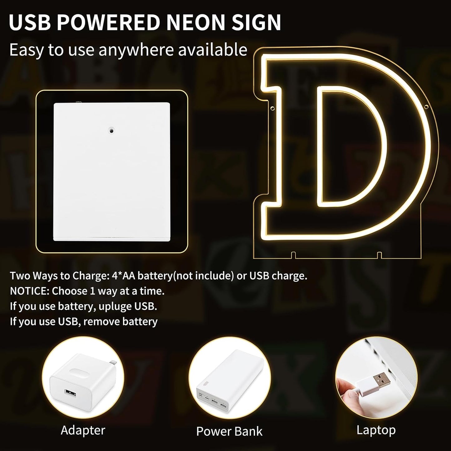 Light Up Letters D, Led Marquee Letter Lights Neon Sign, 13.9" Height Decorative Lighted Alphabet Number, Battery/USB Powered Led Letters Lights for Wedding, Birthday, Party, Christmas or Home Decor