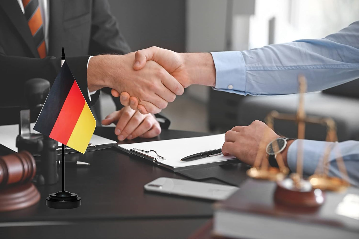 Germany German Deluxe Desk Flag Set, Small Mini Miniature Germany German Table Desktop Flags With Solid Pole, Black Base and Spear Top(2 Pack)