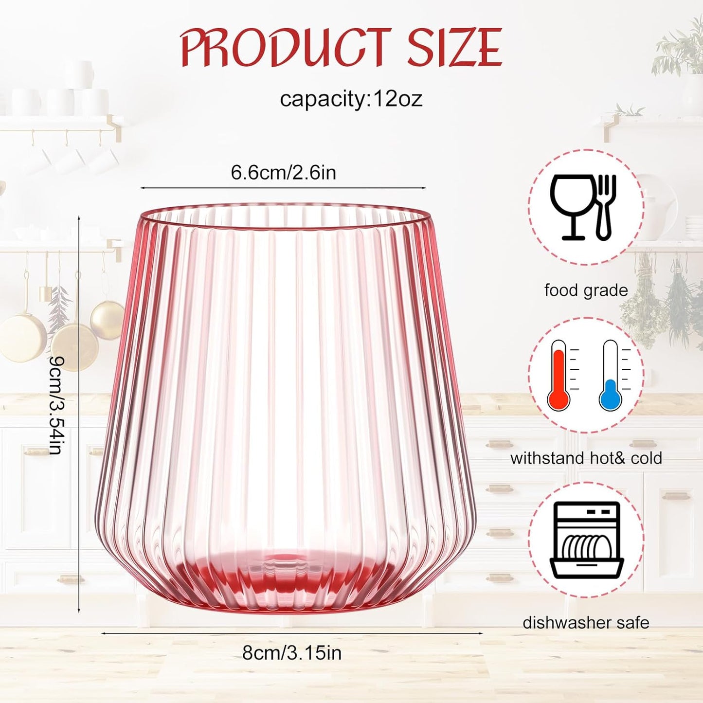 24 Pcs Pink Plastic Wine Glasses Ribbed Disposable Wine Glasses Unbreakable Stemless Champagne Whiskey Cups Ribbed Cocktail Plastic Cups for Wedding Home Office Bar (12 oz,Origami)
