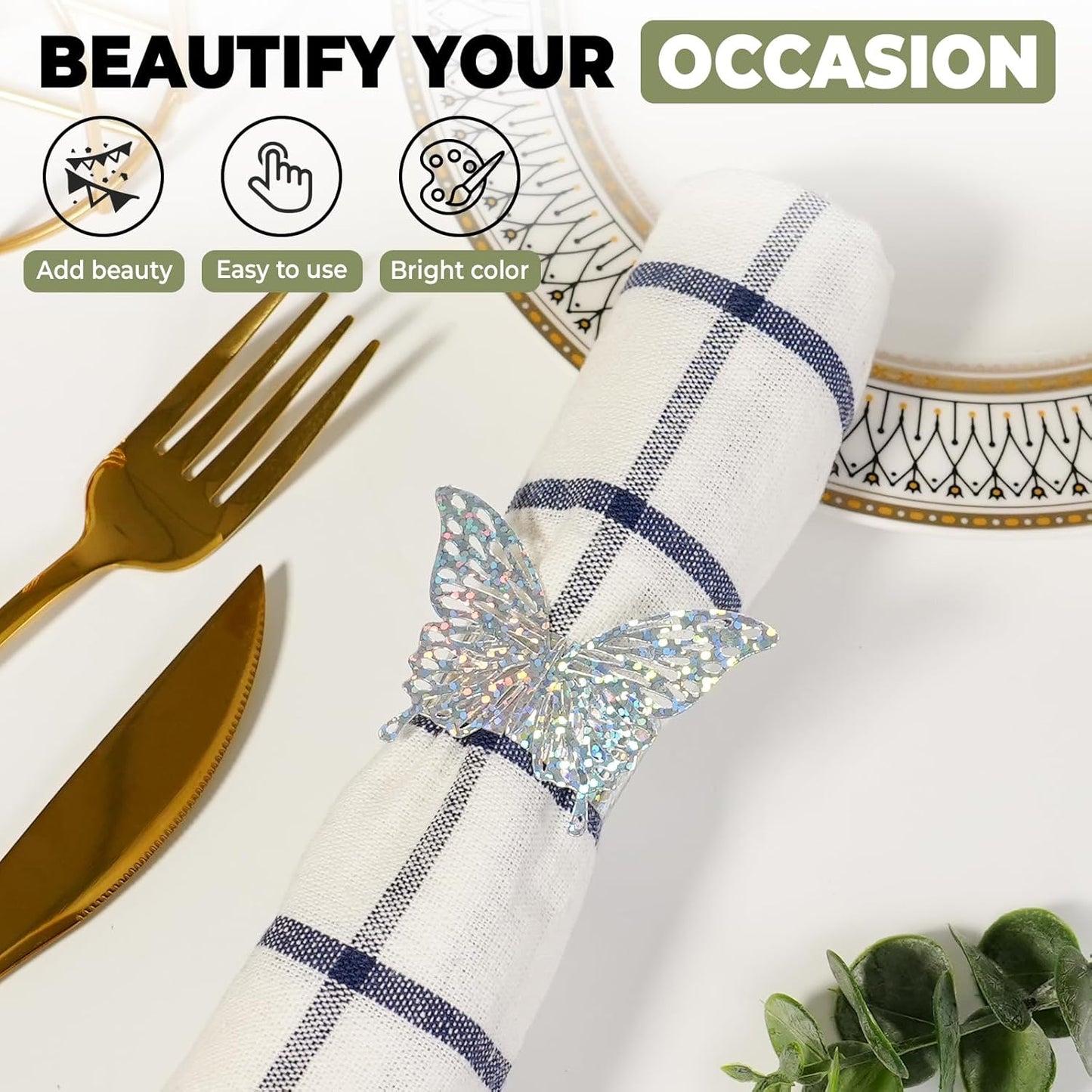 100 Pcs 3D Silver Iridescent Butterfly Napkin Rings Silverware Wraps Bands,Table Setup Sequined Wedding Valentines Day Event Party Supply Settings, Glossy Serviette Buckles Decoration(Silver)