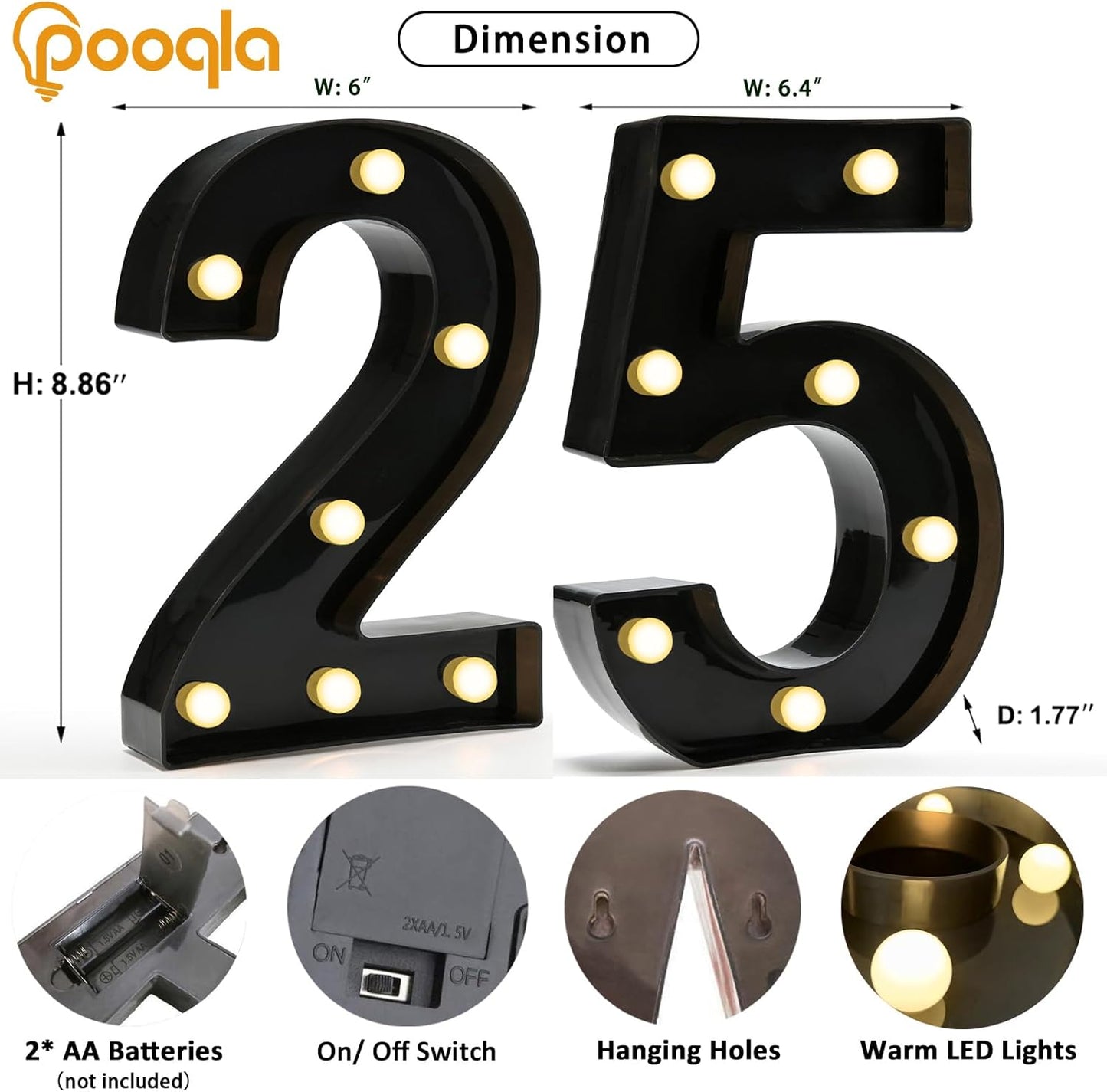 Pooqla 25th Birthday Decorations for Her Him, Black Light Up Number 25 for Party Table Decorations, 25th Birthday Gift for Men Women, Backdrop Wall Decor for 25th Wedding Anniversary Decoration