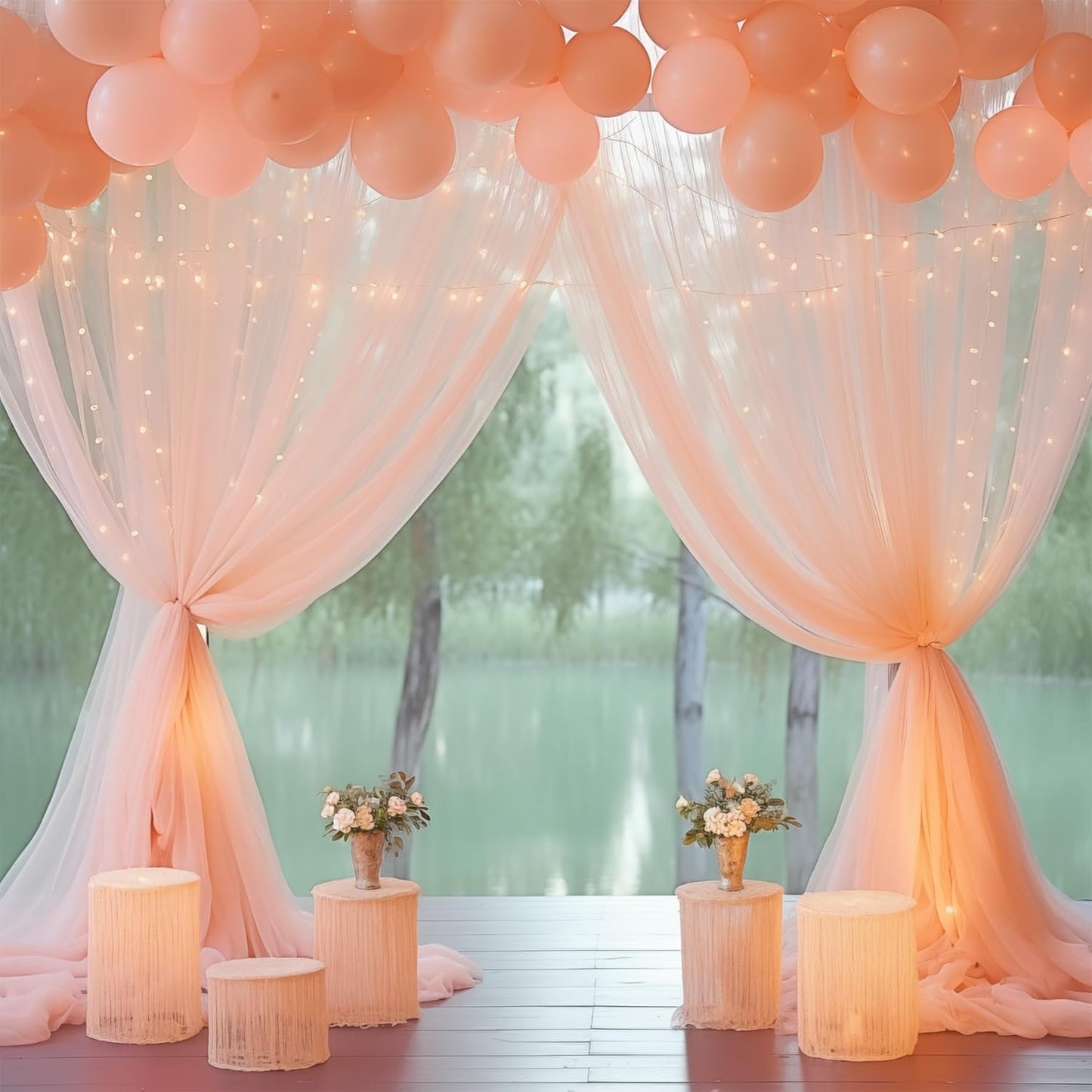 20×10ft Peach Tulle Backdrop Curtain with Lights String for Parties, Sheer Photo Curtain Backdrop Drapes for Wedding Party Photography Decorations