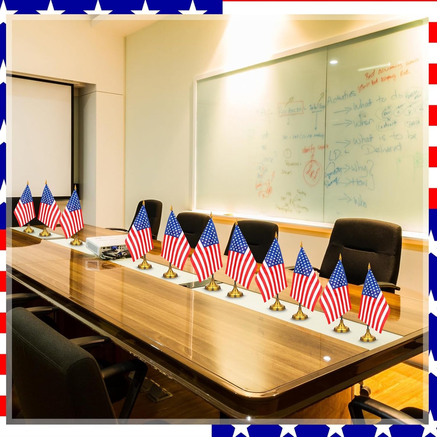24 Pcs American Desk Flag Set Small USA Flags for Table with 13" Black Pole, Gold Base and Spear Top, American Flag for Home Office Party Festival Celebrations Decor