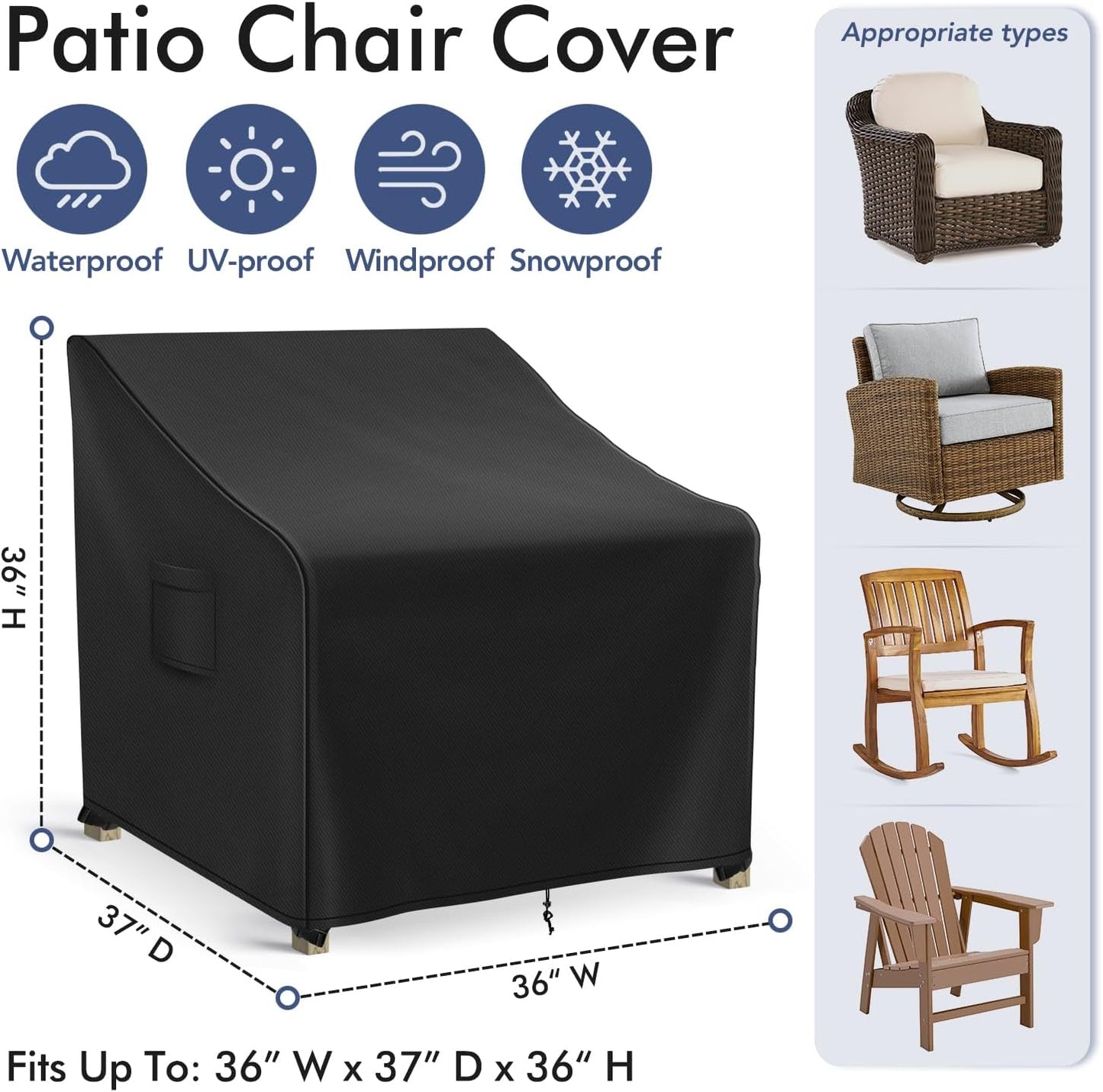 Patio Furniture Covers Waterproof for Chairs, Lawn Outdoor Chair Covers 2 Pack, Patio Chair Covers for Outdoor Furniture Fits up to 36W x 37D x 36H inches, Black