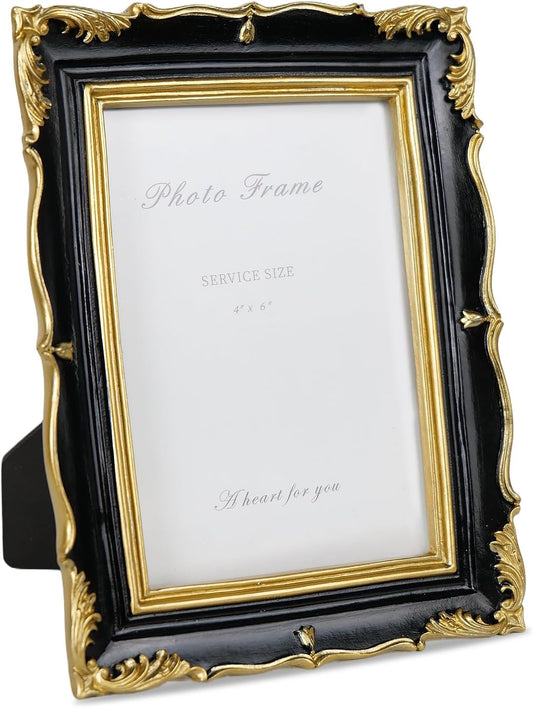 Cuspin 4x6 Picture Frame Black and Gold Vintage Frame, Ornate Textured Hand-Crafted Resin Photo Frame with Glass Front, 4x6 Black Antique Decorative Frames for Wall & Tabletop Home Decor