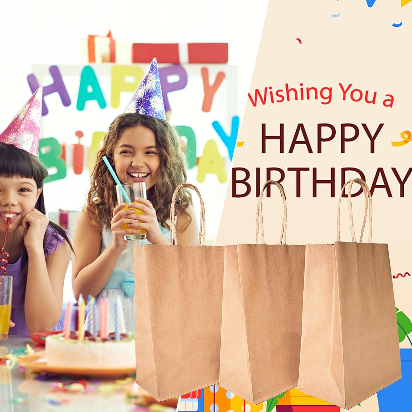 BAG BOX 100 Pcs Small 5.9x3.1x8.25 Inch Brown Kraft Paper Gift Bags with Handles for Bulk Wedding, Party Favors, Grocery, Shopping, Retail Merchandise, Gift Sacks