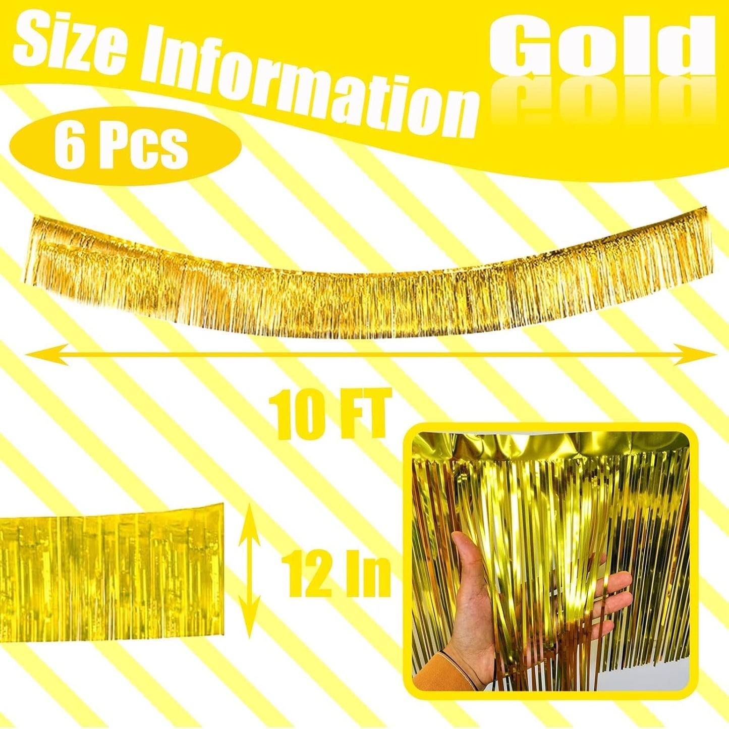 6 Pack 10 Feet Foil Fringe Garland Metallic Tinsel Streamers Banner Wall Hanging Curtain Backdrop Banner for Parade Floats, Thanksgiving, Christmas, Birthday, Halloween Party Decorations(Gold)
