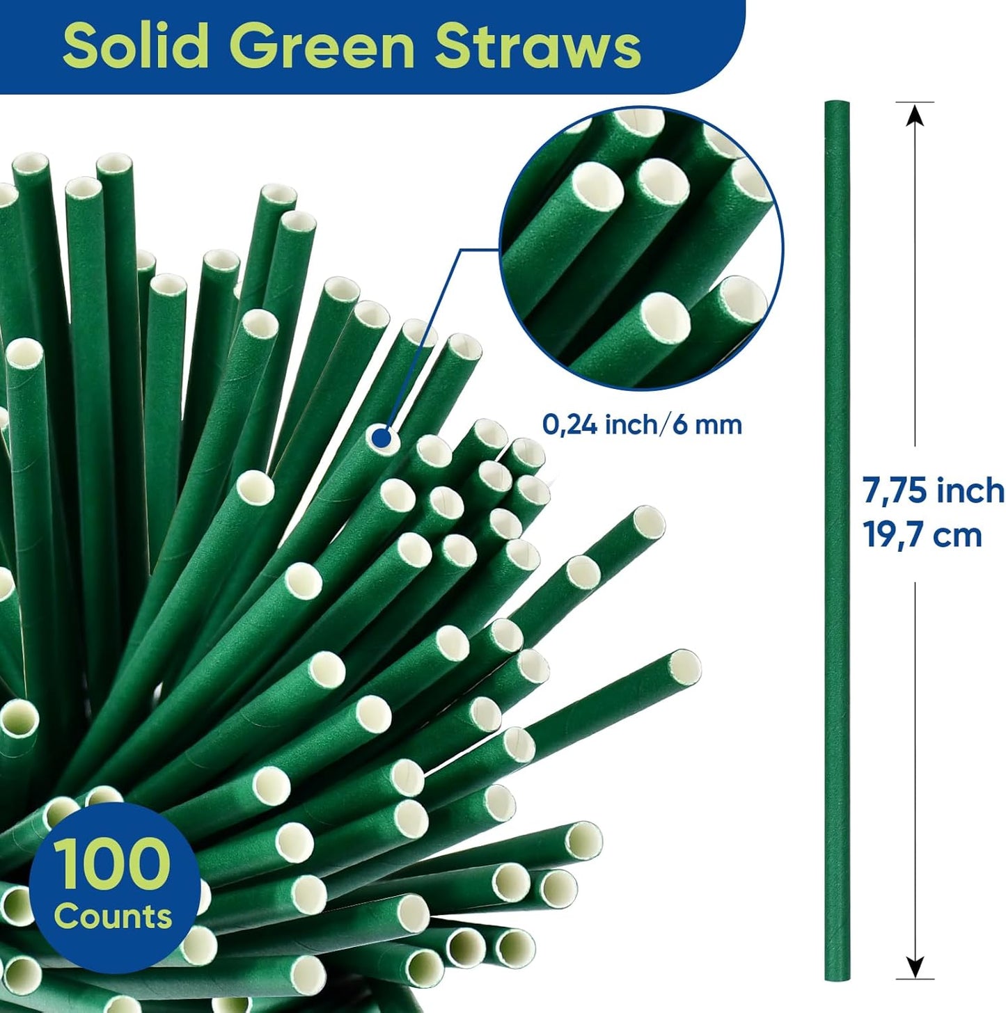 Disposable Paper Straws Solid Green - 7.75'' x 0.24'', 100 Counts - for Drinking, Beverage, Juice, Soda, Bar Supplies